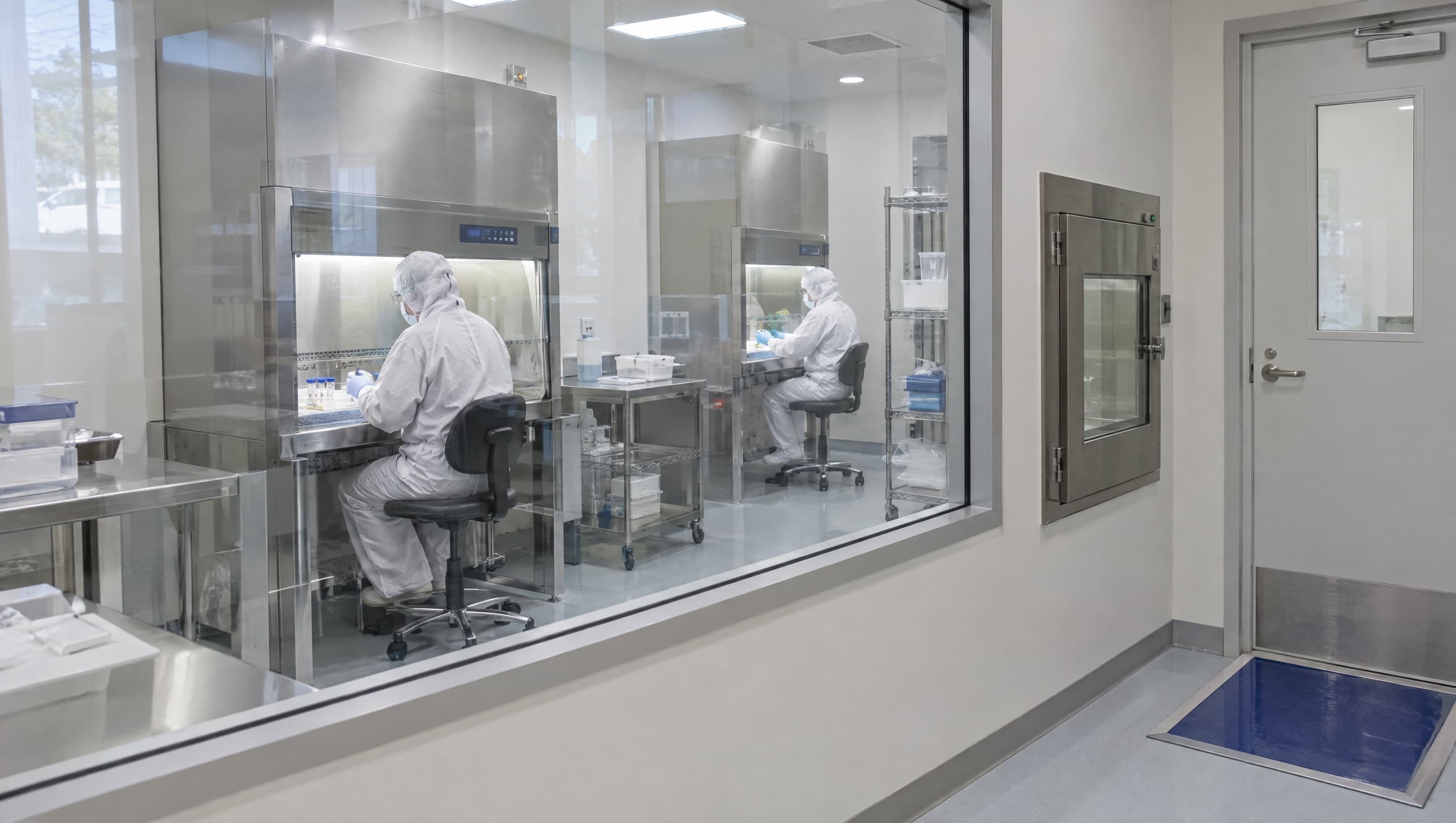 Gowned technicians working at compounding hoods, seen through a cleanroom window