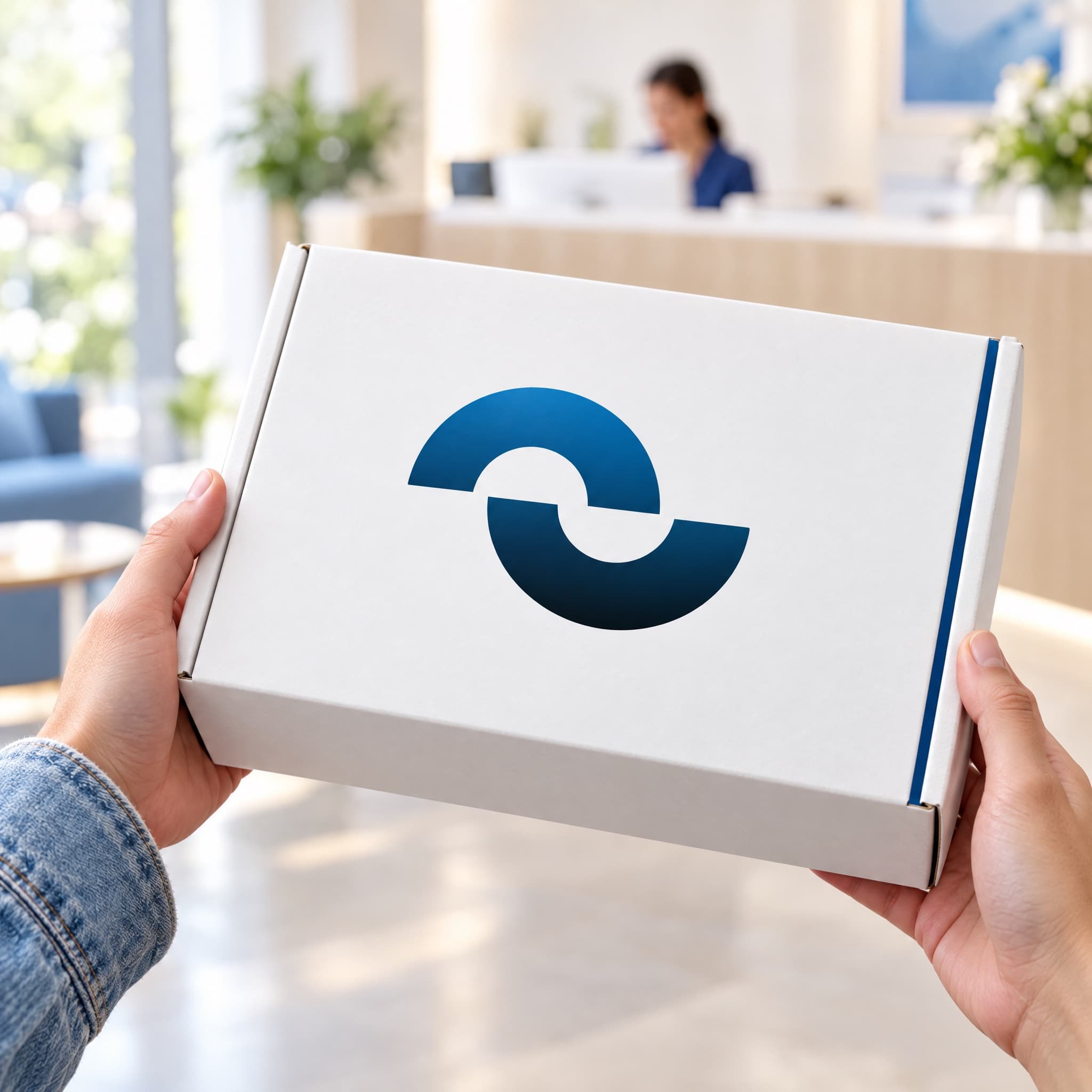 Hands holding a white shipping box printed with the Camel Compounding mark